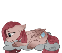 Size: 1092x935 | Tagged: safe, artist:millefaller, imported from derpibooru, pinkie pie, pegasus, pony, cloud, ear fluff, eyelashes, female, g5 concept leaks, lying down, mare, on a cloud, pinkamena diane pie, pinkie pie (g5 concept leak), prone, sad, simple background, solo, unshorn fetlocks, white background, wings