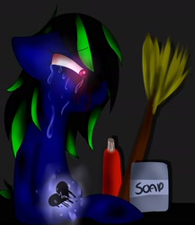 Size: 1750x2013 | Tagged: safe, artist:millefaller, imported from derpibooru, oc, oc only, earth pony, pony, blushing, broom, crying, ear fluff, earth pony oc, heartbreak, sitting, soap, solo