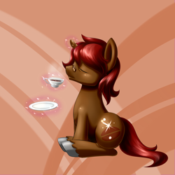 Size: 1600x1600 | Tagged: safe, artist:renatethepony, imported from derpibooru, oc, oc only, pony, unicorn, abstract background, cup, eyes closed, food, glasses, glowing, glowing horn, horn, magic, male, sitting, solo, stallion, tea, teacup, telekinesis, unshorn fetlocks