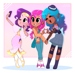 Size: 1979x1929 | Tagged: safe, artist:syrupyyy, imported from derpibooru, izzy moonbow, pipp petals, sunny starscout, human, bag, blushing, cellphone, clothes, converse, cute, dark skin, dress, ear piercing, elf ears, eyes closed, featured image, female, fishnet clothing, g5, hat, heart hands, holding hands, human pipp petals, humanized, jacket, light skin, moderate dark skin, my little pony: a new generation, one eye closed, open mouth, pants, peace sign, phone, piercing, selfie, shoes, skirt, smartphone, smiling, sneakers, tan skin, trio, unicorns as elves, wink