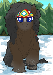 Size: 1764x2508 | Tagged: safe, artist:snspony, oc, oc only, pony, bandana, blue eyes, female, fluffy, looking at you, mare, snow, snowpony (species), solo, star (coat marking), taiga pony, walking towards you