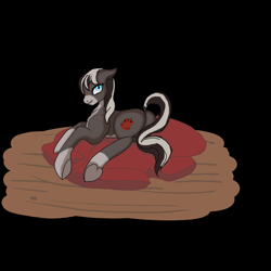 Size: 2400x2400 | Tagged: safe, artist:anonymous, oc, oc only, oc:pine ponder, pony, black background, blaze (coat marking), dock, female, looking at you, looking back, looking back at you, mare, pale belly, pillow, raised tail, simple background, snowpony (species), socks (coat marking), solo, taiga pony, tail, underhoof