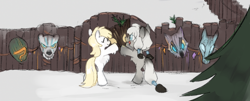 Size: 1554x625 | Tagged: safe, artist:marbo, oc, oc only, oc:arctic ink, oc:whittlehoof, pony, chest fluff, decorating, duo, female, fence, filly, gate, mask, snow, snowpony (species), taiga pony