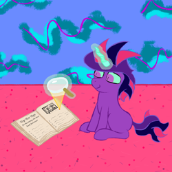 Size: 3000x3000 | Tagged: safe, artist:wren, oc, oc:twyx, unicorn, '90s, best book borrower, book, book burning, burning, carpet, chaos, female, filly, fire, focused, glyph, how to, library card, list, magic, magnifying glass, pure unfiltered evil