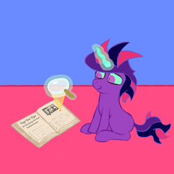 Size: 3000x3000 | Tagged: safe, alternate version, artist:wren, oc, oc:twyx, unicorn, best book borrower, book, book burning, burning, chaos, female, filly, fire, focused, glyph, how to, library card, list, magic, magnifying glass, pure unfiltered evil, simple background