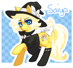 Size: 1434x1332 | Tagged: safe, imported from derpibooru, oc, oc only, oc:saiya, earth pony, pony, blonde hair, blue eyes, bow, cloak, clothes, costume, crossdressing, cutie mark, earth pony oc, halloween, hat, holiday, lifted leg, looking at you, male, socks, solo, standing, stockings, thigh highs, witch hat, yellow coat