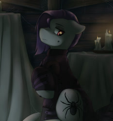 Size: 1280x1372 | Tagged: safe, artist:aquoquoo, imported from derpibooru, funnel web, earth pony, candle, clothes, frown, jacket, male, raised hoof, sitting, solo, stallion