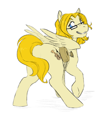 Size: 1926x2137 | Tagged: safe, artist:glacierclear, imported from ponybooru, oc, oc only, oc:shadrow, pegasus, pony, beard, commission, facial hair, glasses, guitar, looking back, male, musical instrument, pegasus oc, raised hoof, raised leg, simple background, smiling, solo, stallion, white background, wings