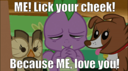 Size: 960x539 | Tagged: safe, edit, edited screencap, editor:undeadponysoldier, screencap, owlowiscious, spike, winona, bird, dog, dragon, owl, just for sidekicks, caption, collar, cute, doggy kiss, eyes closed, female, friendly, happy, image macro, licking, licking cheeks, male, ponyville express, shipping, spikelove, spinona, straight, surprised, text, tongue out, train, winonabetes