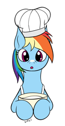 Size: 528x1023 | Tagged: safe, artist:wapamario63, imported from ponybooru, rainbow dash, pegasus, pony, apron, bowl, chef's hat, clothes, colored, cute, dashabetes, female, flat colors, flour, half body, hat, mare, ooo, simple background, solo, transparent background