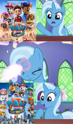 Size: 640x1080 | Tagged: safe, artist:mega-poneo, edit, edited screencap, imported from derpibooru, screencap, trixie, dog, human, pony, unicorn, all bottled up, everest (paw patrol), exploitable meme, female, magic, male, mare, meme, paw patrol, paw patrol the movie, transformation, trixie fixing meme