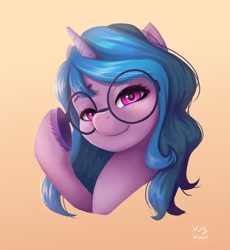 Size: 918x1000 | Tagged: safe, artist:the-park, imported from ponybooru, izzy moonbow, pony, unicorn, bust, female, g5, glasses, gradient background, lidded eyes, looking at you, mare, my little pony: a new generation, portrait, raised hoof, raised leg, smiling, solo, underhoof, unshorn fetlocks