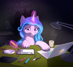 Size: 1024x942 | Tagged: safe, artist:rnghat, imported from derpibooru, izzy moonbow, pony, unicorn, chalkboard, computer, cup, desk lamp, g5, implied pipp petals, lamp, laptop computer, magic, mug, pliers, repairing, screwdriver, screws, soldering iron, technology, telekinesis