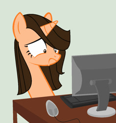 Size: 870x918 | Tagged: safe, artist:princess-sera64, imported from ponybooru, oc, oc only, mouse, pony, unicorn, :c, computer, disturbed, do not want, female, frown, keyboard, mare, monitor, reaction image, scared, show accurate, shrunken pupils, table