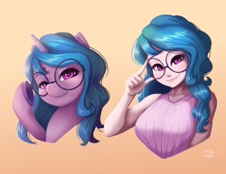 Size: 1295x1000 | Tagged: safe, artist:the-park, imported from ponybooru, izzy moonbow, human, pony, unicorn, blushing, bust, clothes, duo, female, g5, glasses, gradient background, humanized, lidded eyes, looking at you, mare, my little pony: a new generation, portrait, raised hoof, raised leg, self ponidox, smiling, tanktop, underhoof, unshorn fetlocks