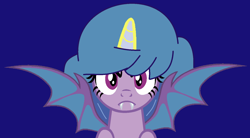 Size: 1582x876 | Tagged: safe, artist:jadeharmony, artist:maddieadopts, imported from derpibooru, izzy moonbow, alicorn, bat pony, bat pony alicorn, pony, base used, bat ponified, bat wings, blue background, fangs, female, g5, horn, izzy moonbat, mare, my little pony: a new generation, race swap, simple background, solo, wings