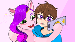 Size: 1440x810 | Tagged: safe, artist:littleiceage, imported from derpibooru, pipp petals, human, pegasus, pony, blushing, g5, happy birthday mlp:fim, mlp fim's eleventh anniversary, ms paint, my little pony: a new generation, selfie, simple background, smiling