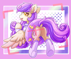 Size: 1653x1385 | Tagged: safe, artist:twilight-minkowski, imported from derpibooru, oc, pegasus, pony, :p, bedroom eyes, butt, clothes, cute, dock, eyebrows, eyebrows visible through hair, featureless crotch, female, heart eyes, looking at you, looking back, looking back at you, mare, plot, socks, tail, tongue out, underhoof, wingding eyes