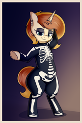 Size: 2161x3240 | Tagged: safe, artist:andelai, imported from derpibooru, oc, oc only, oc:celice, semi-anthro, unicorn, bone, clothes, costume, eyeshadow, female, halloween, halloween costume, high res, holiday, makeup, mare, piercing, simple background, skeleton, skeleton costume, solo, wide hips