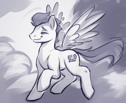 Size: 1883x1527 | Tagged: safe, artist:kam, imported from derpibooru, soarin', pegasus, pony, cloud, flying, male, monochrome, solo, stallion