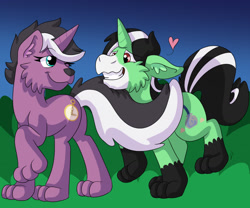 Size: 1280x1067 | Tagged: safe, artist:detective coon, imported from derpibooru, oc, oc only, oc:charming dazz, oc:crescent star, crystal pony, skunk, skunk pony, unicorn, crystal unicorn, female, field, grin, love, male, mare, paws, simple background, skunk stripe, smiling, stallion, transformation