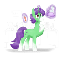 Size: 3300x3100 | Tagged: safe, artist:flutterthrash, imported from derpibooru, oc, oc only, oc:crescent star, crystal pony, pony, unicorn, alchemy, crystal unicorn, curious, erlenmeyer flask, flask, high res, magic, male, potions, simple background, stallion, test tube