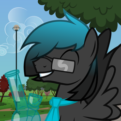 Size: 710x710 | Tagged: safe, imported from derpibooru, oc, oc only, oc:mysterious star, pegasus, pony, bong, bust, glasses, headshot commission, nature, necktie, park, portrait, solo