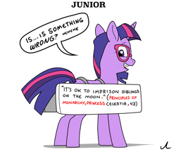 Size: 5400x4725 | Tagged: safe, artist:docwario, imported from derpibooru, twilight sparkle, pony, unicorn, clothes, costume, dialogue, female, glasses, halloween, halloween costume, holiday, looking back, mare, open mouth, open smile, sign, smiling, solo, speech bubble, trollight sparkle, twitober, unicorn twilight