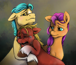 Size: 2353x1997 | Tagged: safe, artist:aga_wisnia, imported from derpibooru, hitch trailblazer, sprout cloverleaf, sunny starscout, earth pony, pony, alternate ending, argument in the comments, coat markings, comforting, crying, eyes closed, feels, female, frown, g5, high res, hug, male, mare, my little pony: a new generation, open mouth, runny nose, sad, sad sprout, smiling, socks (coat markings), sproutlove, stallion, trio, woobie