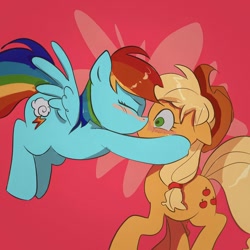 Size: 1000x1000 | Tagged: safe, artist:puretw, imported from derpibooru, applejack, rainbow dash, earth pony, pegasus, pony, appledash, duo, female, kiss on the lips, kissing, lesbian, mare, shipping, simple background, surprise kiss