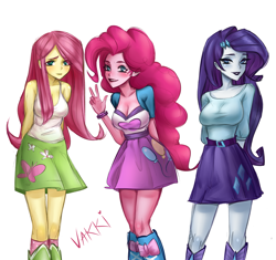 Size: 3243x3045 | Tagged: safe, artist:annvakki, imported from derpibooru, fluttershy, pinkie pie, rarity, equestria girls, breasts, busty pinkie pie, busty rarity, cleavage, clothes, female, high res, simple background, sleeveless, tanktop, trio, white background
