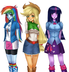 Size: 2928x3045 | Tagged: safe, artist:annvakki, imported from derpibooru, applejack, rainbow dash, twilight sparkle, equestria girls, female, high res, simple background, trio, white background