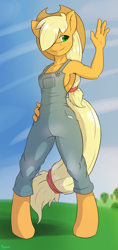 Size: 1152x2448 | Tagged: safe, artist:edgarkingmaker, imported from derpibooru, applejack, anthro, earth pony, unguligrade anthro, braless, breasts, clothes, color, digital, female, hair over one eye, hat, naked overalls, no underwear, overalls, sideboob, solo, waving