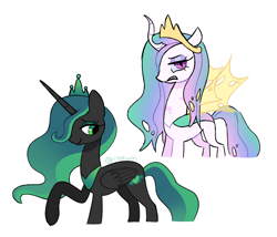 Size: 2048x1749 | Tagged: safe, artist:risswm, imported from derpibooru, princess celestia, queen chrysalis, alicorn, changeling, changeling queen, pony, alternate universe, changelingified, curved horn, duo, female, gritted teeth, horn, mare, palette swap, ponified, ponytober, princess chryslestia, recolor, role reversal, simple background, smiling, species swap, white background