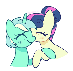 Size: 1020x1000 | Tagged: safe, artist:risswm, imported from derpibooru, bon bon, lyra heartstrings, sweetie drops, earth pony, pony, unicorn, alternate hairstyle, blushing, cheek kiss, eyes closed, female, holding hooves, kissing, lesbian, lyrabon, mare, ponytober, shipping, simple background, white background