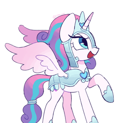 Size: 2048x1982 | Tagged: safe, artist:risswm, imported from derpibooru, princess flurry heart, alicorn, pony, armor, female, mare, older, older flurry heart, open mouth, open smile, ponytober, raised hoof, simple background, smiling, solo, warrior flurry heart, white background