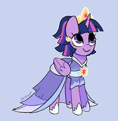 Size: 1515x1561 | Tagged: safe, artist:risswm, imported from derpibooru, twilight sparkle, alicorn, pony, the last problem, blue background, clothes, coronation dress, crown, cute, dress, female, folded wings, jewelry, looking up, mare, ponytober, regalia, second coronation dress, simple background, smiling, solo, twiabetes, twilight sparkle (alicorn), wings