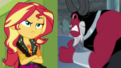 Size: 1920x1080 | Tagged: safe, edit, edited screencap, imported from derpibooru, screencap, lord tirek, sunset shimmer, centaur, taur, equestria girls, equestria girls series, forgotten friendship, the ending of the end, angry, crossed arms, geode of empathy, gums, magical geodes, sunset shimmer is not amused, unamused