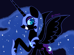 Size: 1329x1000 | Tagged: safe, artist:risswm, imported from derpibooru, nightmare moon, alicorn, pony, black background, female, looking at you, mare, ponytober, profile, raised hoof, simple background, smiling, smiling at you, solo