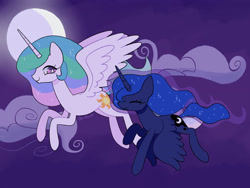 Size: 4000x3000 | Tagged: safe, artist:risswm, imported from derpibooru, princess celestia, princess luna, alicorn, pony, cloud, ethereal mane, ethereal tail, eyes closed, female, flying, mare, moon, night, ponytober, royal sisters, siblings, sisters, smiling, tail