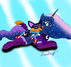 Size: 922x867 | Tagged: safe, artist:holdenwolfart, imported from derpibooru, princess luna, oc, oc:holden wolf, alicorn, american flag, canon x oc, clothes, female, happy couple, holdenluna, horn, horn ring, larger female, luna x oc, male, mature, ring, size difference, smaller male, stockings, thigh highs