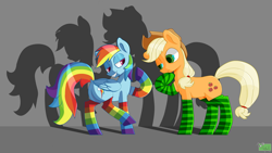 Size: 1280x720 | Tagged: safe, artist:pigmanxx, imported from derpibooru, applejack, rainbow dash, pegasus, pony, appledash, clothes, female, grin, hoof on chin, lesbian, rainbow socks, shipping, smiling, socks, striped socks