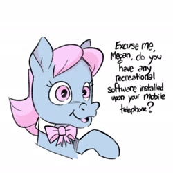 Size: 2048x2048 | Tagged: safe, artist:kylesmeallie, imported from derpibooru, wind whistler, pegasus, pony, bowtie, bust, dialogue, g1, high res, implied megan, simple background, solo, white background, you got games on your phone