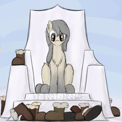 Size: 1019x1013 | Tagged: safe, artist:ahorseofcourse, imported from derpibooru, oc, oc only, oc:current seeker, earth pony, pony, boots, chest fluff, female, futhark, mare, shoes, sitting, snow mare, solo, throne, translated in the comments, uggs, yakutian horse