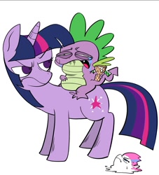 Size: 1812x2000 | Tagged: safe, artist:swagstapiece, imported from derpibooru, spike, twilight sparkle, zipp storm, dragon, pony, unicorn, crying, dragons riding ponies, dropped ice cream, female, food, frown, g5, ice cream, ice cream cone, male, mare, riding, simple background, spike riding twilight, unicorn twilight, wat, white background