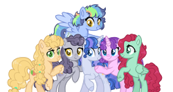 Size: 1024x547 | Tagged: safe, artist:yourrdazzle, imported from derpibooru, oc, oc only, oc:bow, oc:buttercream crisp, oc:jasper pie, oc:posey puff, oc:rocket trail, oc:sky dreamer, earth pony, pegasus, pony, unicorn, alternate mane six, base used, bipedal, female, mare, next generation, offspring, parent:bow hothoof, parent:bright mac, parent:cloudy quartz, parent:cookie crumbles, parent:gentle breeze, parent:hondo flanks, parent:igneous rock pie, parent:night light, parent:pear butter, parent:posey shy, parent:twilight velvet, parent:windy whistles, parents:brightbutter, parents:cookieflanks, parents:nightvelvet, parents:quartzrock, parents:shys, parents:windyhoof, simple background, transparent background