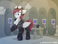 Size: 1600x1200 | Tagged: safe, artist:willoillo, imported from derpibooru, oc, oc only, oc:avie, pegasus, pony, fallout equestria, backpack, bench, cap, chest fluff, clothes, cloud, commission, dog tags, enclave, eyebrows, eyebrows visible through hair, female, folded wings, full body, gas mask, goggles, grand pegasus enclave, hat, hoof on chest, indoors, locker room, lockers, logo, mare, mask, military uniform, pegasus oc, raised hoof, smiling, solo, standing, tail, uniform, wings