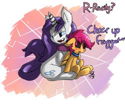 Size: 2683x2236 | Tagged: safe, artist:serendipity-kitty, imported from derpibooru, rarity, scootaloo, pegasus, pony, unicorn, black sclera, blushing, collar, crying, faggot, female, filly, high res, lesbian, lesboloo, looking at each other, mare, rariloo, sadistic rarity, shipping, vulgar