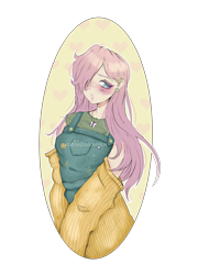Size: 2034x2826 | Tagged: safe, artist:ghoulmilk, imported from derpibooru, fluttershy, human, blushing, clothes, female, hair over one eye, high res, humanized, overalls, simple background, solo, transparent background, watermark