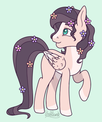 Size: 727x864 | Tagged: safe, artist:lilsoftlamb, imported from derpibooru, fluttershy, pony, alternate design, flower, flower in hair, green background, simple background, solo